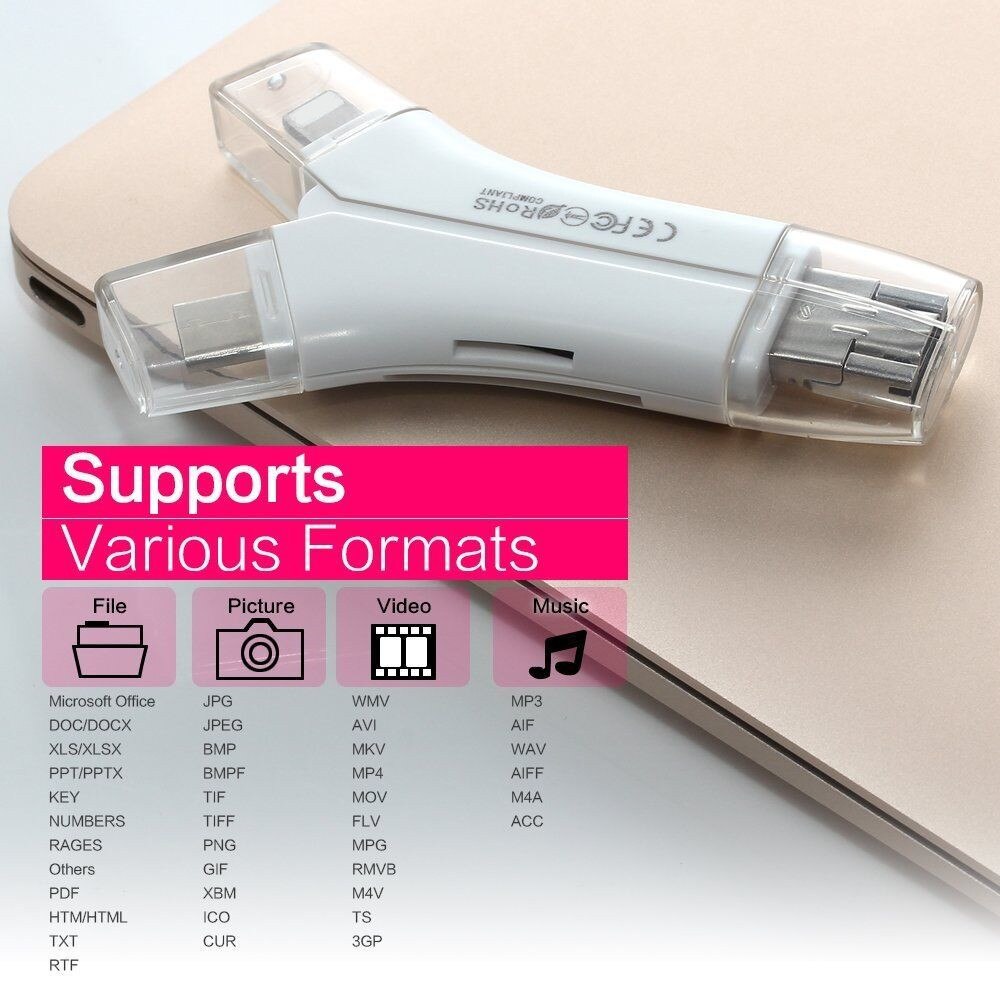 4 in 1 sd kortleser usb micro sd&tf kortleser adapter for iphone ipad mac android kamera gratis belysning og type-c utvidere