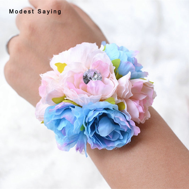 3pcs Romantic Blue Artificial Flowers Rosette Wedding Wrist Corsage for Bride and Bridemaid Wedding Party Prom Accessories