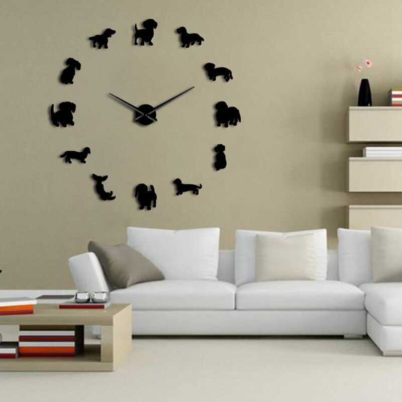 Dachshund wall art wiener-dog valp hund kjæledyr rammeløs gigantisk veggklokke med speil effekt pølse hund stor klokke veggklokke