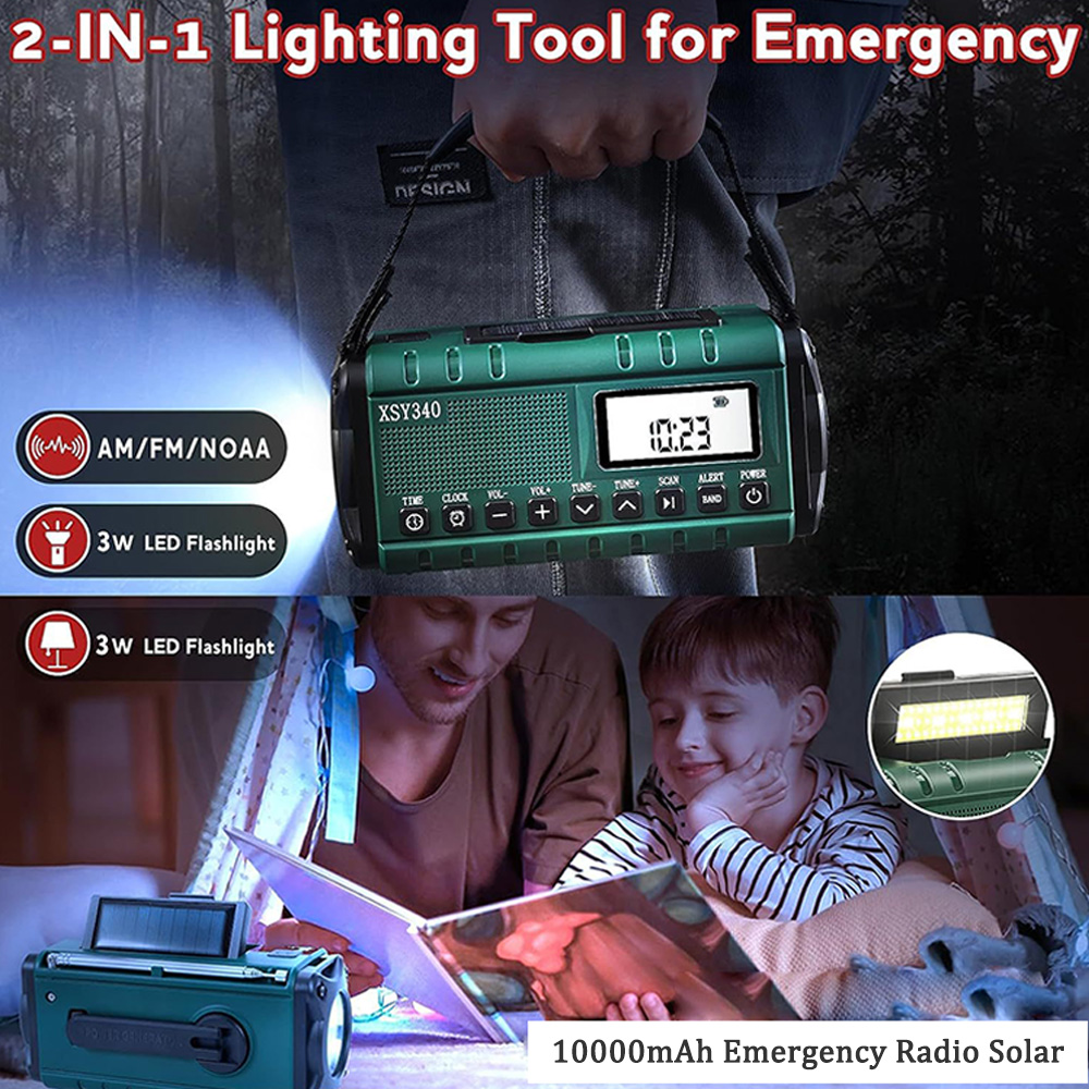 10000mAh Emergency Radio Solar Hand Crank Dynamo Radio AM/FM/NOAA Radio LED Flashlight SOS Alarm Power Bank