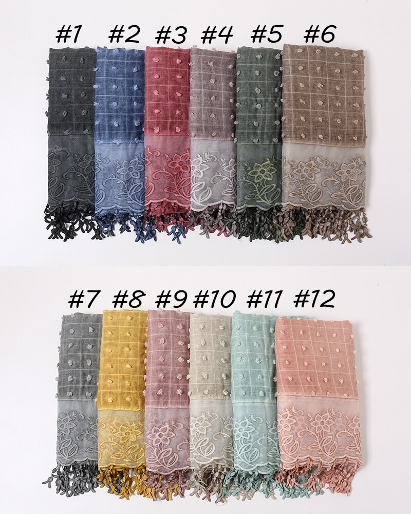 plaine Pom coton écharpe Plaid gland dentelle brodé coton foulards femmes musulman Hijab étoles femme bandeau à fleurs 1PC