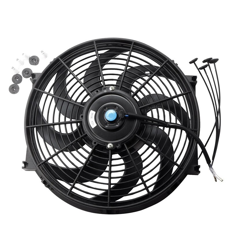 Zwarte universele elektrische radiator slanke ventilator push/pull 12v +  montagekit  (14 inch): Default Title
