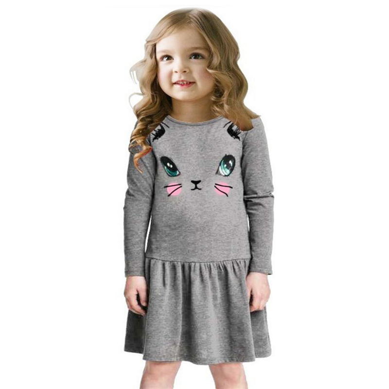 Prinsesse piger kjole sommer kat print børn langærmet tegneserie baby pige bomuld festkjoler til børn: Grå / 2t