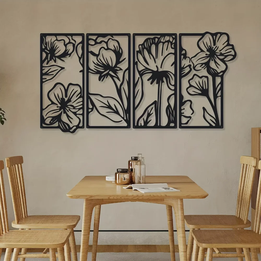 4-- delt minimalistisk blomsterkunstværk - elegante metalvægdetaljer til hjemmets æstetik - alsidig indretning til køkken og badeværelse
