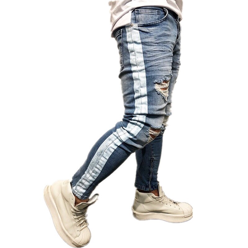 Witte Streep Op Side High Street Jeans Mannen Mode Mannen Denim Broek Katoen Zwart Blauw