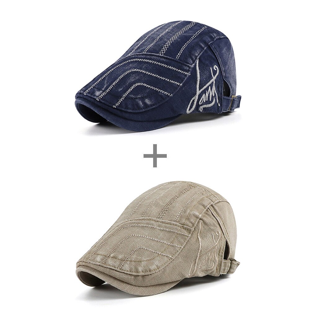 [AETRENDS] Washed Denim Newsboy Cap Men Peaked Flat Caps Artist Hat Casual Berets Hat Z-10139: Blue and Beige