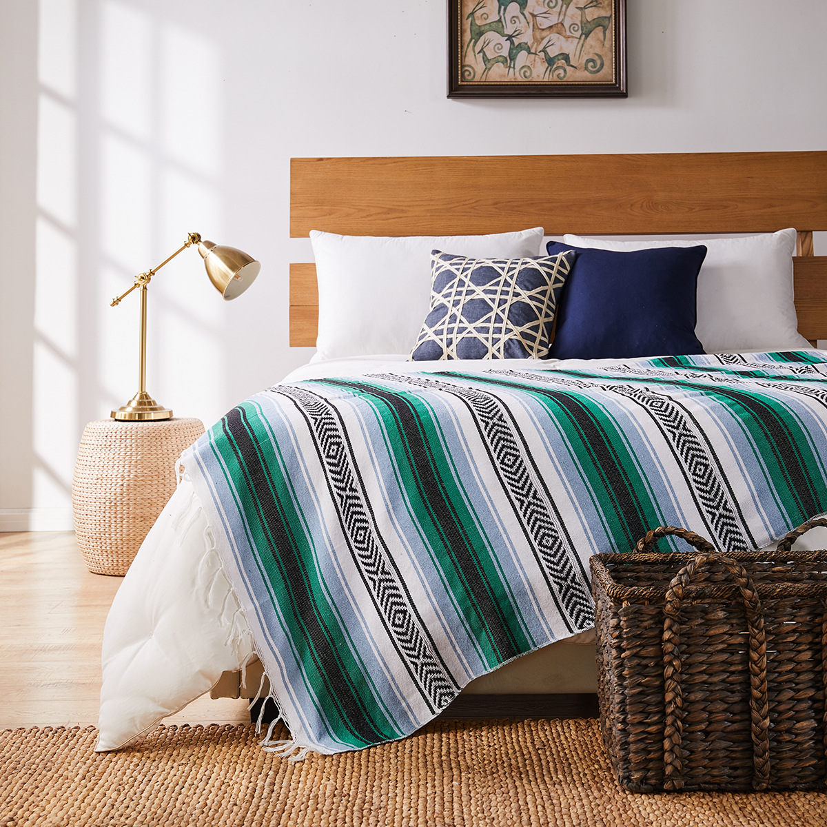 Couverture de plage de Style mexicain 130x170cm, serviette tissée à la main avec pompons, tapis pour canapé-lit, tapis de pique-nique à la maison, nappe rayée: green