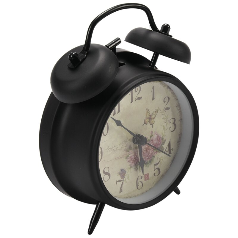 4 inch Retro Vintage Bedside Twin Bell Alarm Clock With Loud Alarm and Nightlight (Black Case - Roses)