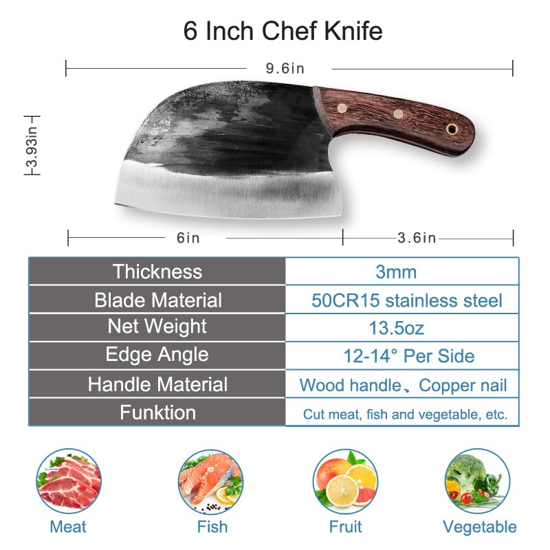 Couteau à marteau forgé à la main en acier inoxydable, couperet de cuisine, couteau de Chef à double usage