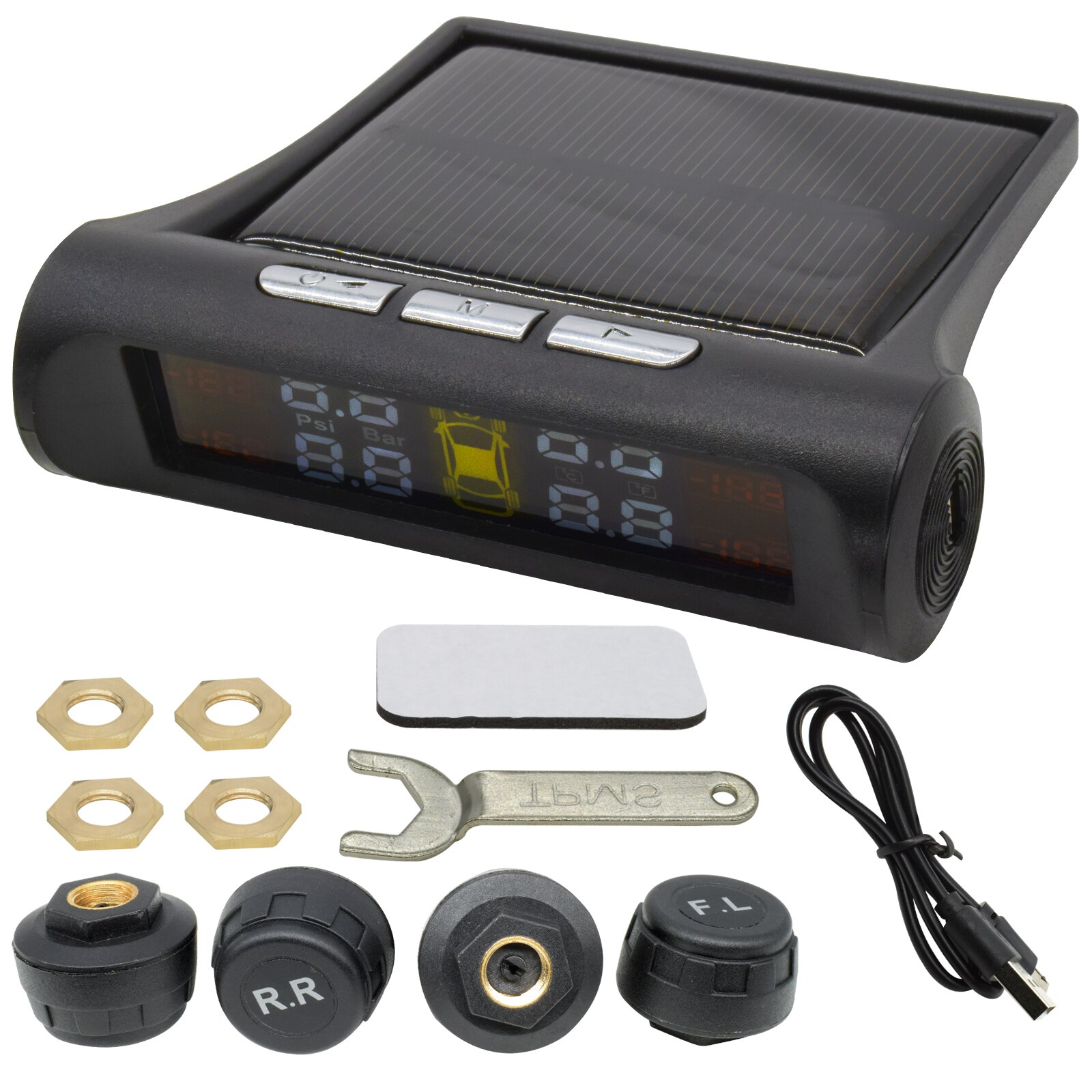 4 External Sensors USB Solar Charging Car TPMS Tire Pressure Monitoring System HD Digital LCD Display Auto Alarm tool Wireless