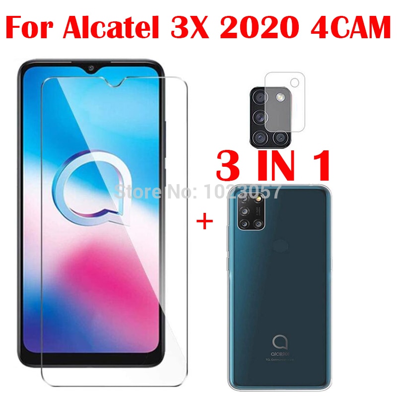 3-w-1 miękki futerał + kamera szkło hartowane dla Alcatel 3X 2020 4krzywka ScreenProtector szkło dla Alcatel 3X 2020 4krzywka 2.5D szkło: 3 in 1 jasny case