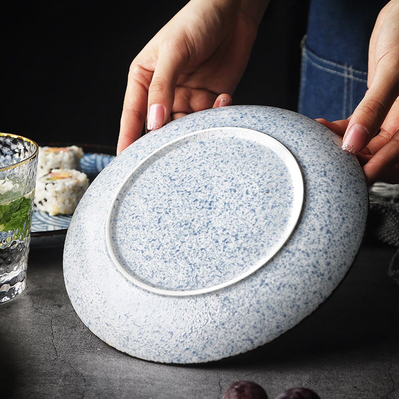 RHE niebieskie paski obiadowy talerz ceramiczny okrągły restauracja kuchnia stek deser danie strona restauracja narzędzia