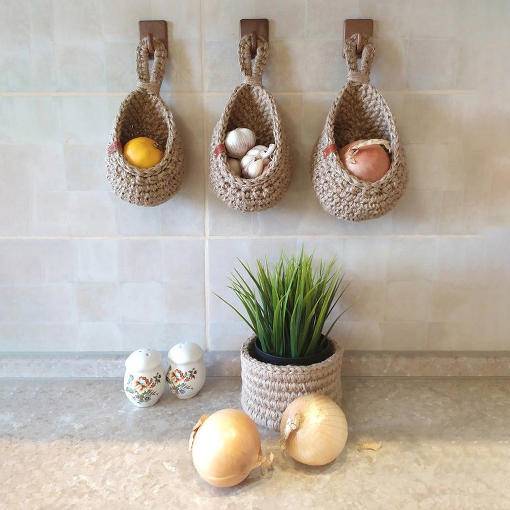 Hanging Wall Vegetable Fruit Basket Kitchen Hanging Storage Farm House Basket Bohemian Handwoven Wall Mount Fruit Veggie Basket