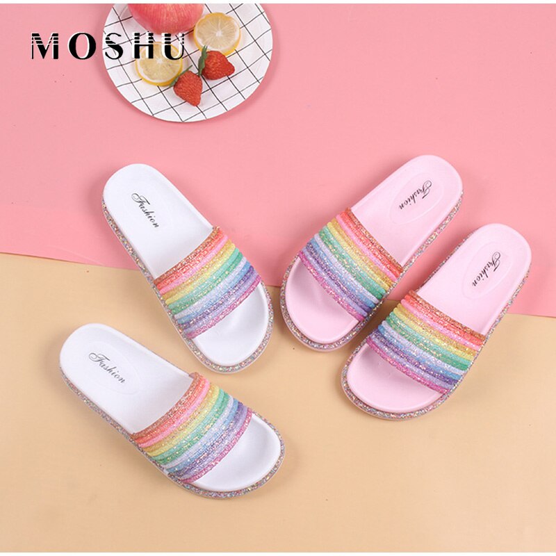 Regenboog Platte Slippers Vrouwen Bling Kleurrijke Zomer Schoenen Antislip Zachte Outdoor Strand Meisjes Slides Thuis Schoenen Dames Sandaal