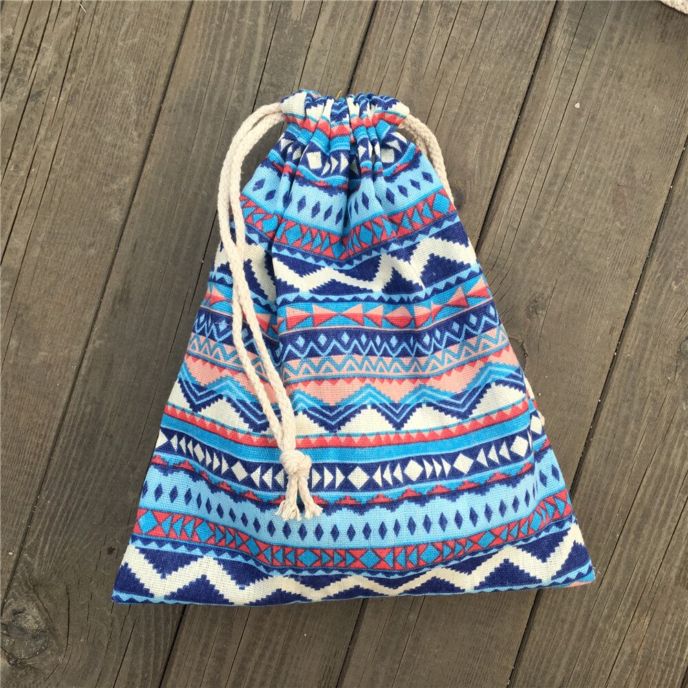 1pc katoenen linnen trekkoord feesttas munt telefoon sleutel etui blauwe zigzag lijn yile 812b