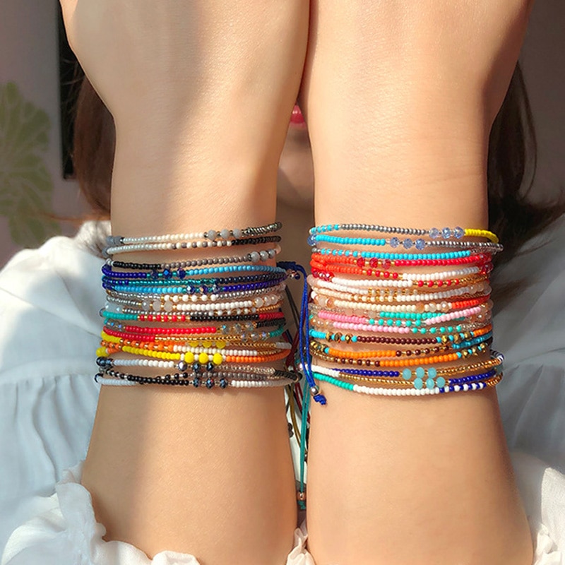 Simple Three Layers Multicolor Boho Handmade Tether Seeds Beaded Bracelets for Women Summer Beach Jewelry