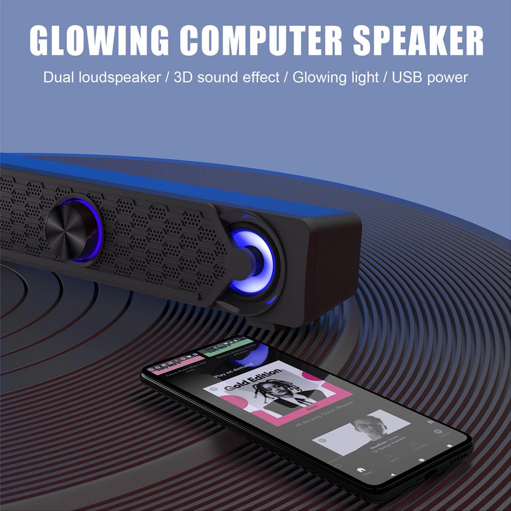 Home Soundbar Computer Speaker With LED Light Desktop Subwoofer Speaker Stereo Surround TV Speakers Aux 3.5mm For Laptop