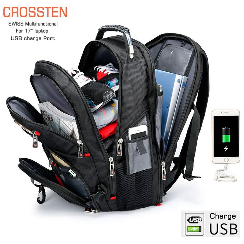 Crossten Duurzaam 17 Inch Laptop Rugzak, 45L Reistas, College Boekentas, Usb-poort Opladen, waterbestendig, Zwitserse-Multifunctionele