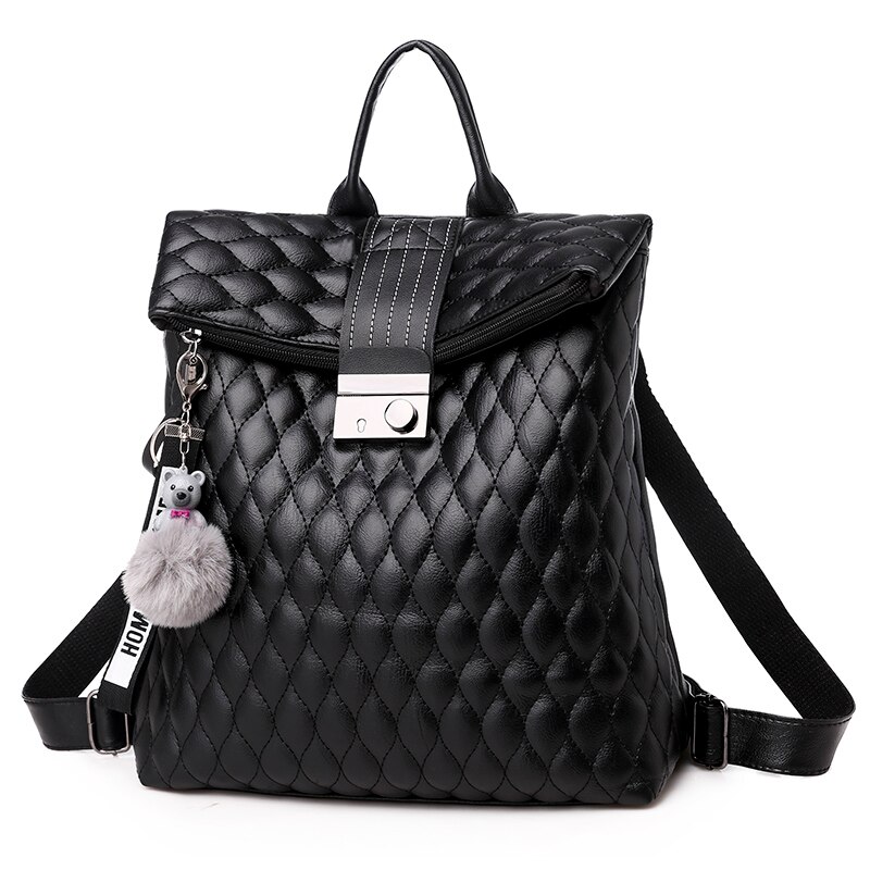 de Casual de las mujeres de viaje acolchado Mochila de cuadros de la escuela bolsa de cuero de la PU Mochila para chicas adolescentes Mochila mujeres Mochila: Black Women Backpack