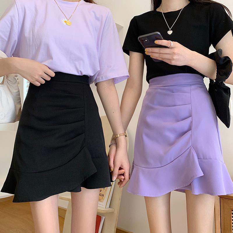 Jupe trompette à volants irréguliers pour femme, tenue de bureau, couleur unie, violet, noir, Style coréen, tendance, classique, portefeuille, moulante