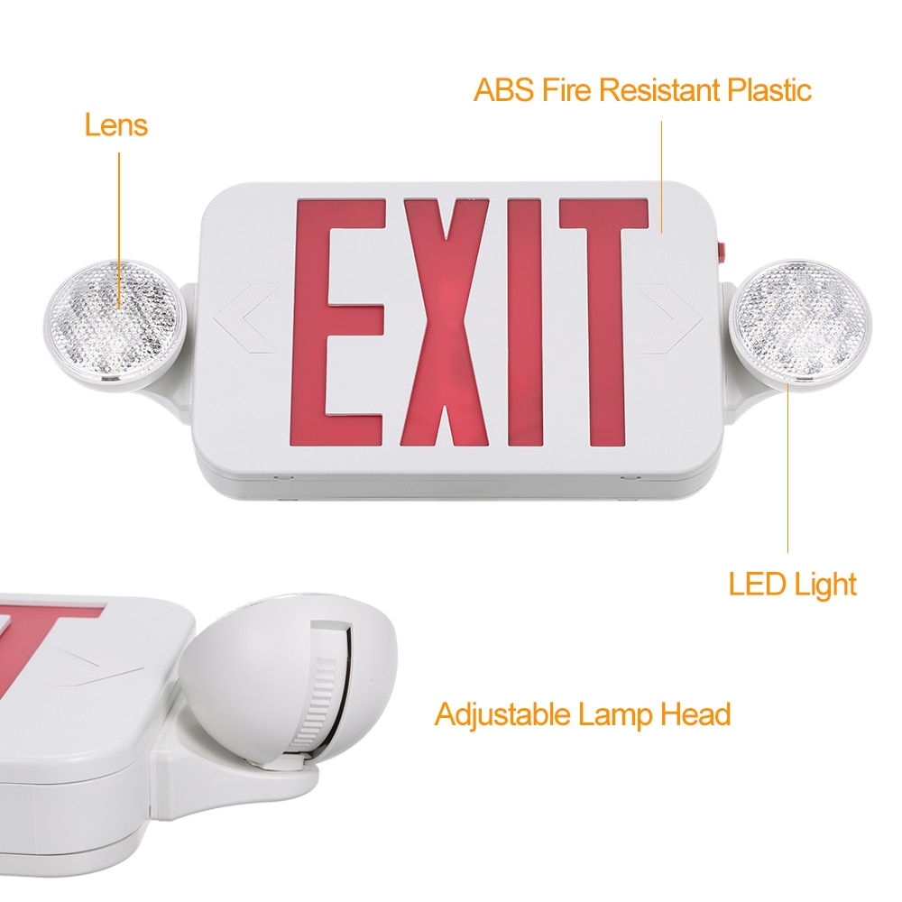 LEDs Emergency Light Red Exit Sign with Adjustable Two Head Backup Batterys Wall Ceiling Mount for Stairway Hallway Room