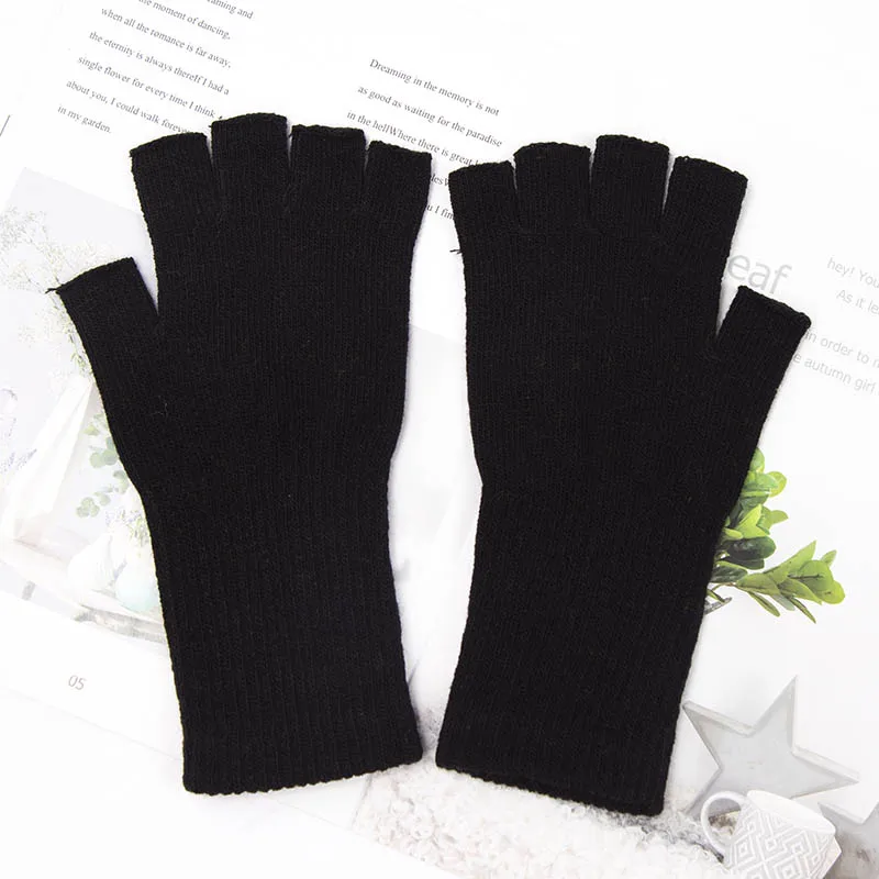 Guantes sin dedos de medio dedo para hombre y mujer, manoplas de punto de lana y algodón, color blanco y negro, cálidos para trabajo, otoño e invierno, novedad de 2022: Negro