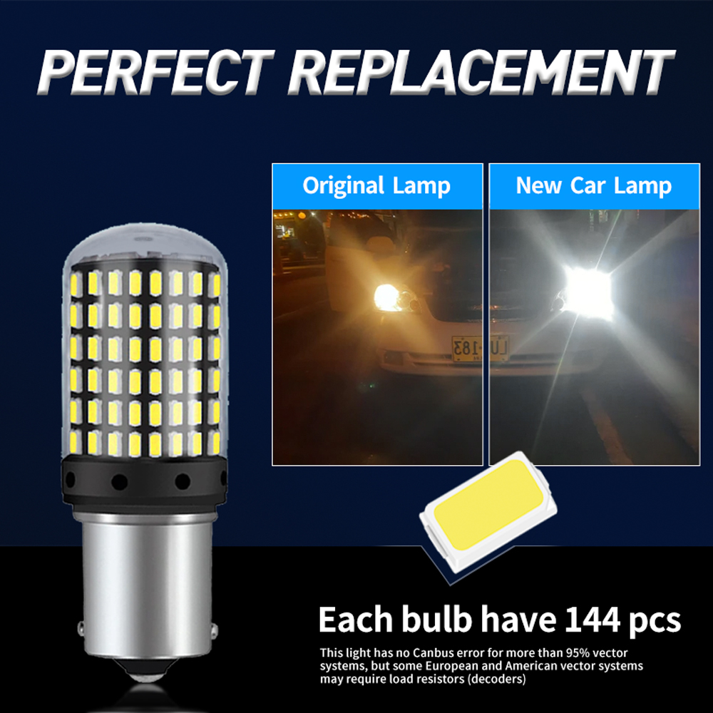 2 uds coche LED 1156 BA15S P21W BAU15S PY21W 1157 BAY15D 7443 bombillas LED 144SMD CanBus lámpara luz de señal de giro inverso