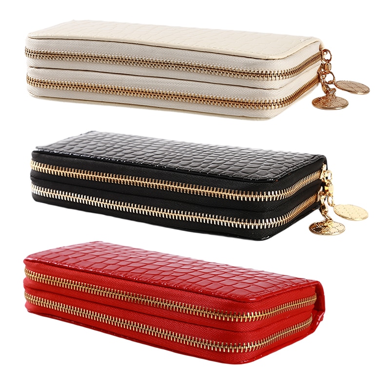 Rood/wit/zwarte dames portemonnee met dubbele rits dames portemonnee portemonnee dames lange handtas telefoontas