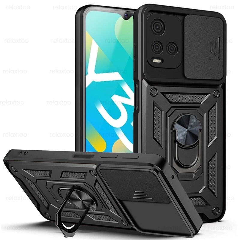 Slide Camera Shockproof Armor Case Voor Vivo Y33S Y 33S V2109 6.58 &quot;Auto Magnetische Ring Holder Stand Cover vivoy33s Beschermen Shell: Black-01