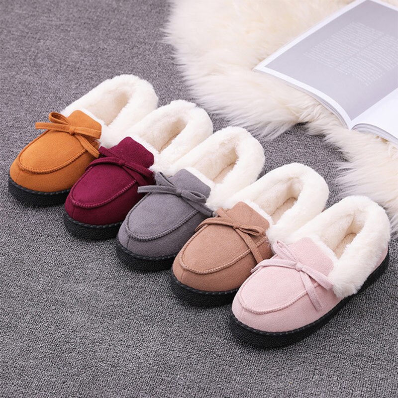 Kvinnor vinter tofflor skor plysch varma lägenheter dam halkfri slip on casual bowtie komfort höst toffel kvinna