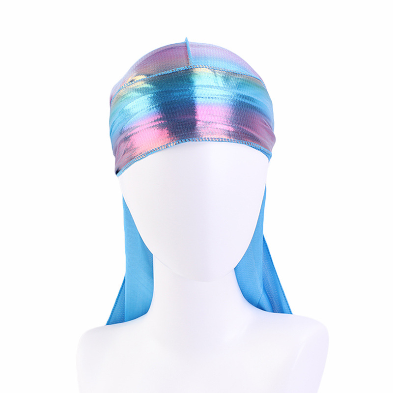 Durag Do Doo Du chiffon, casquette de randonnée respirante, Bandana en soie scintillante, couvre-chef à longue queue pour hommes et femmes, chapeau de Pirate Hip Hop
