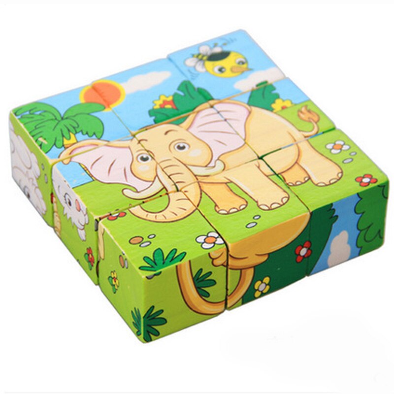 Holz Spielzeug Kinder Puzzle 3D 9 Stück Sechs Seitige Lernen Spielzeug Für Kinder Frühe Pädagogische Tier Obst Muster Kinder: Forest Elephant