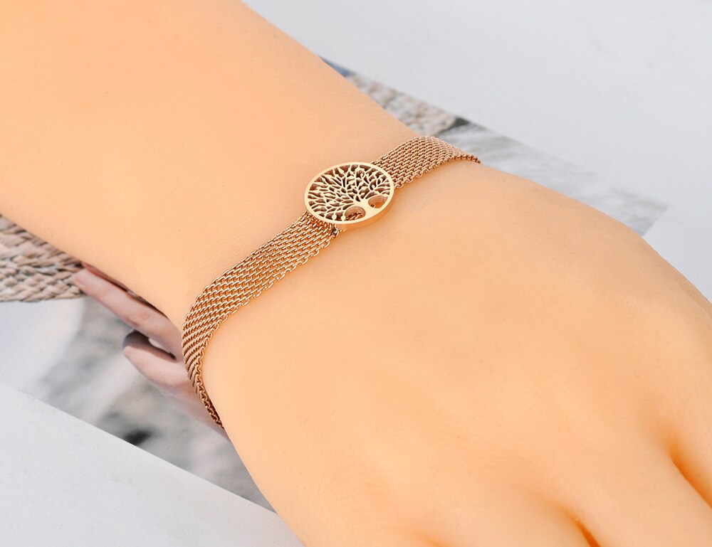 Lokaer Original tendance rond disque arbre Bracelets porte-bonheur bijoux pour femmes or Rose acier inoxydable réseau chaîne Bracelet B20028