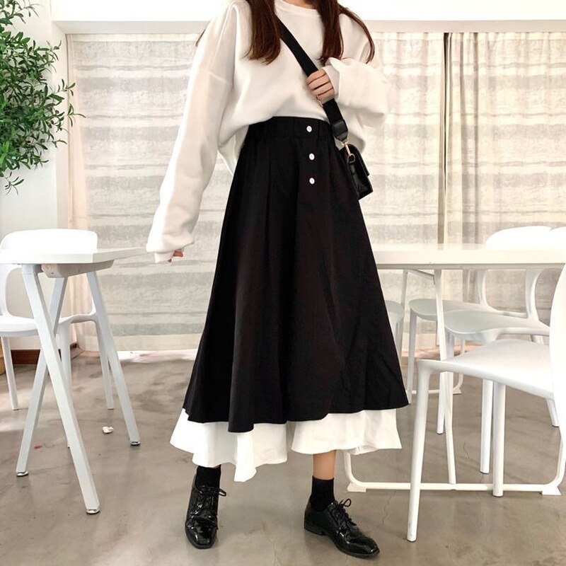 Saias femininas retrô com babados, saia chique coreana retrô com babados, outono e verão, saia básica adorável com patchwork, cintura elástica para mulheres