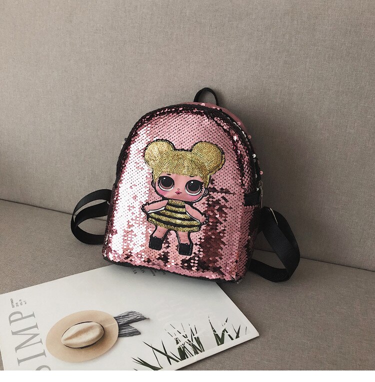 9 Inch Pu Backpack,Sequins Backpack,Cute Girl Print Shoulder Bag,School Bag for Teenager: pink
