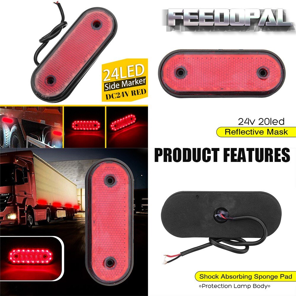 FEEDOPAL 4X 20 LED Oval Red Side Marker Indicator Signal Light Clearance Lamp Car Caravan Truck Trailer Lorry Van 24V