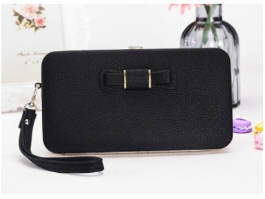 Purse bow women's wallet female famous brand card holders cellphone pocket PU leather clutch women wallet Large lychee 138Q: Black138