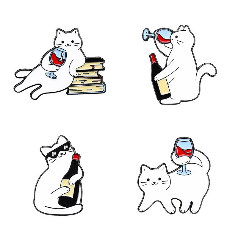 4 stks/set Cartoon Rode Wijn Kat Emaille Badges Boek Zonnebril Leuke Whiskey Witte Kat Metalen Pinnen Voor Rugzak Hoed Punk Revers broche
