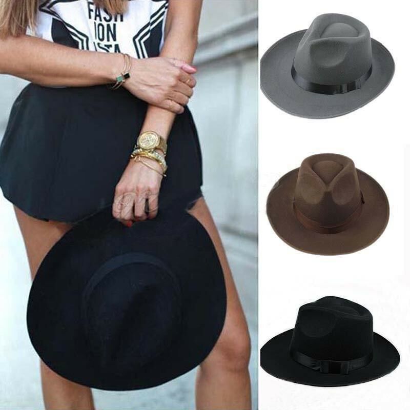 Vintage Men Women fedora derby bowler wool sun-shade brim Belt Felt Hat Wide Brim Fedora Trilby Panama Hat Gangster Cap