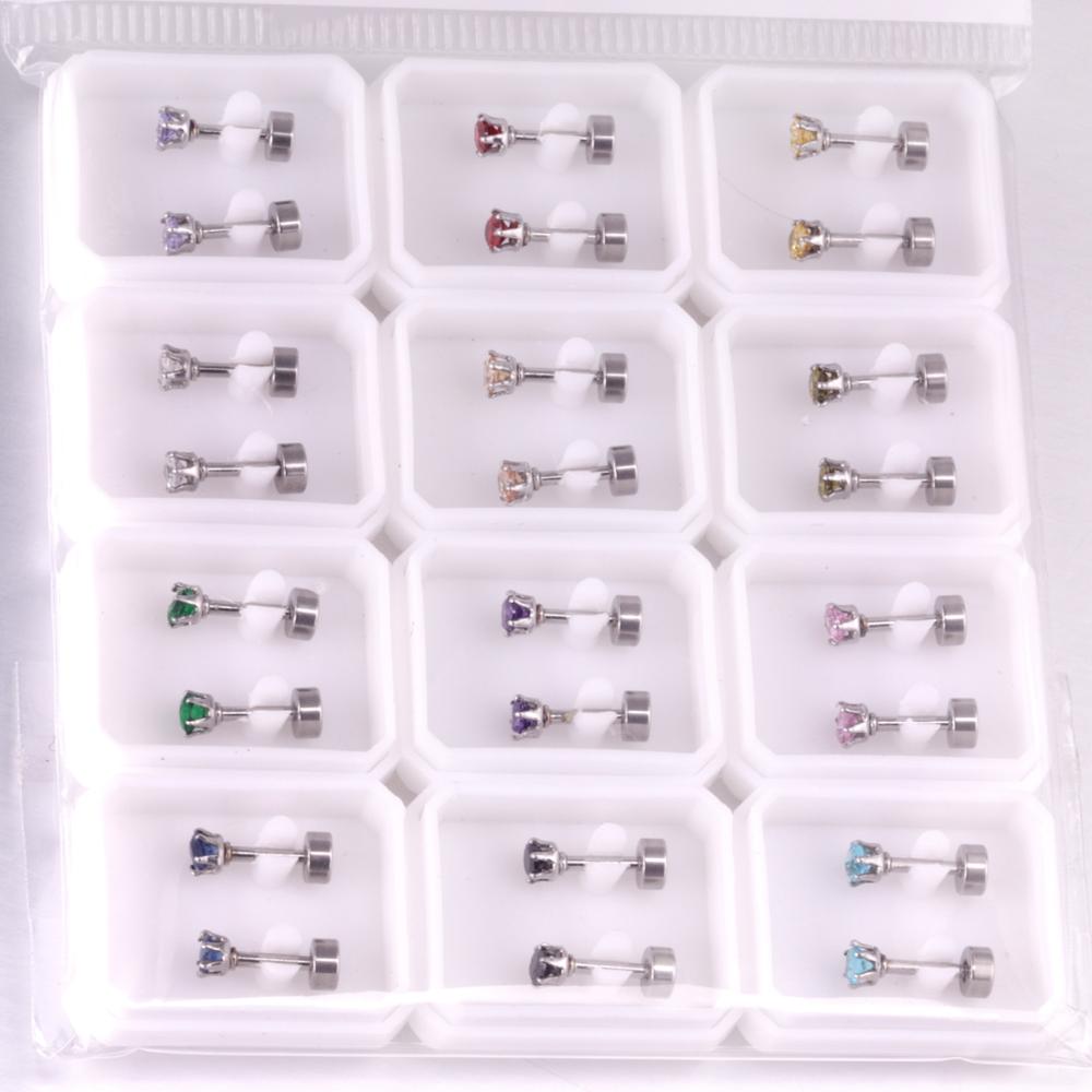 LUXUSTEE 12pairs lots Colorful CZ Earrings Price Stainless Steel Anti-allergy 3mm 6mm Screw Stud Earrings Wedding