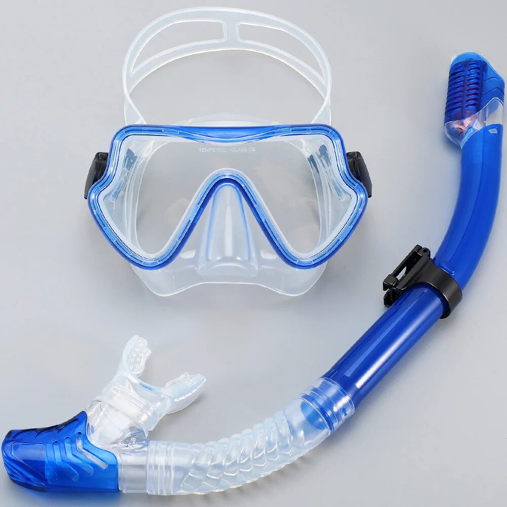 Tauchmaske Schnorchelset für Erwachsene, gehärtetes Glas, professionelle Panorama-Schnorchelausrügestochen, Schwimmtraining, Schnorchelset: Blau