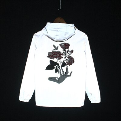 PRIMAVERA/otoño mano flores hombres cortavientos chaqueta reflectante casual hip hop harajuku streetwear noche brillante Abrigo con capucha: L