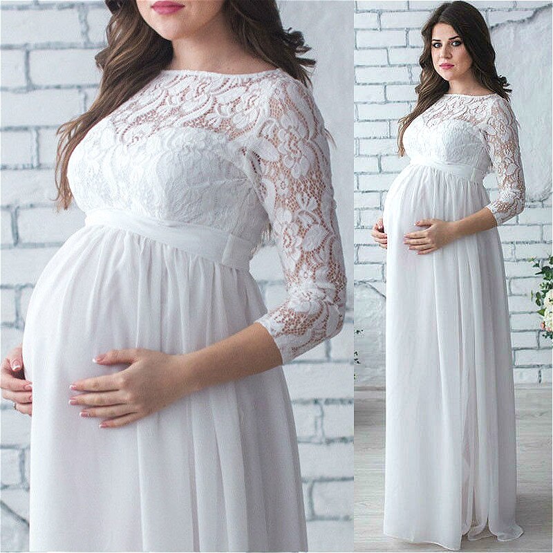 Gravide kvinder gravid kjole gravid tøj langærmet blonde fest maxi kjole gravid tøj til fotografering rekvisitter
