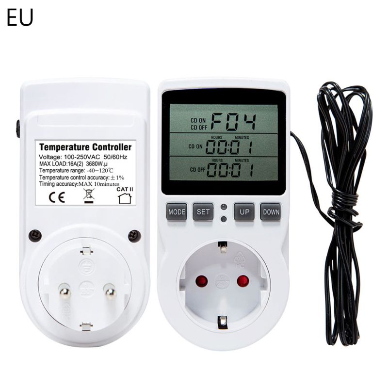 Multi-Function Thermostat Digital Temperature Controller Socket Outlet With Timer Switch Sensor Probe Heating Cooling 16A