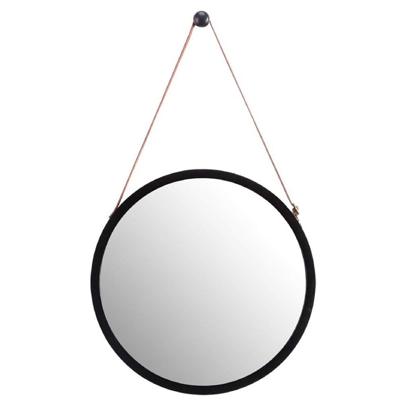 Hanging Round Wall Mirror in Bathroom & Bedroom - Solid Bamboo Frame & Adjustable Leather Strap: Black