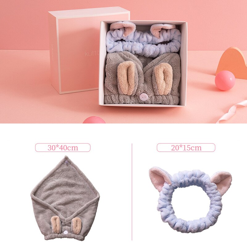 Roze Meisjes Droog Haar Cap Verdikte Water-Absorberende Sneldrogende Coral Fleece Badmuts Wassen Gezicht Hoofdband Set voor Make-Up Remover: Grey