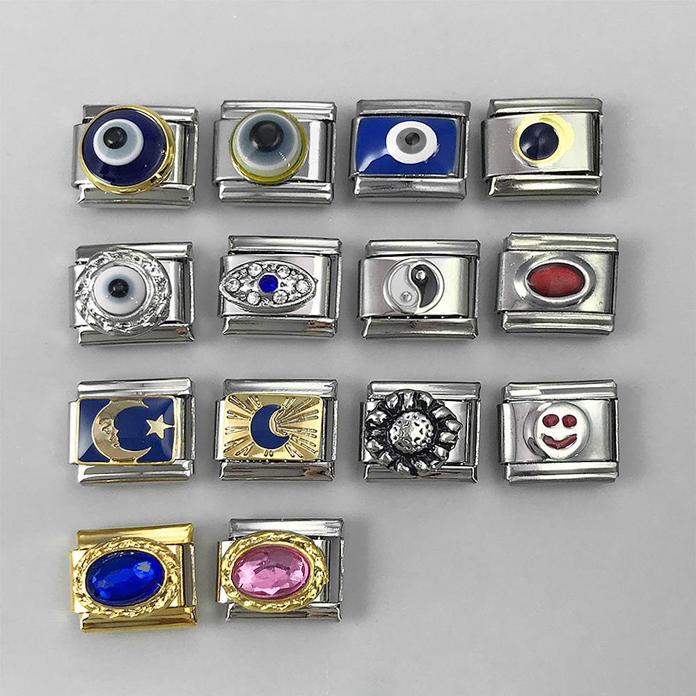 2025 azul esmalte ojo sol Luna estrella encanto enlaces italianos ajuste 9mm pulsera de acero inoxidable hacer joyería DIY