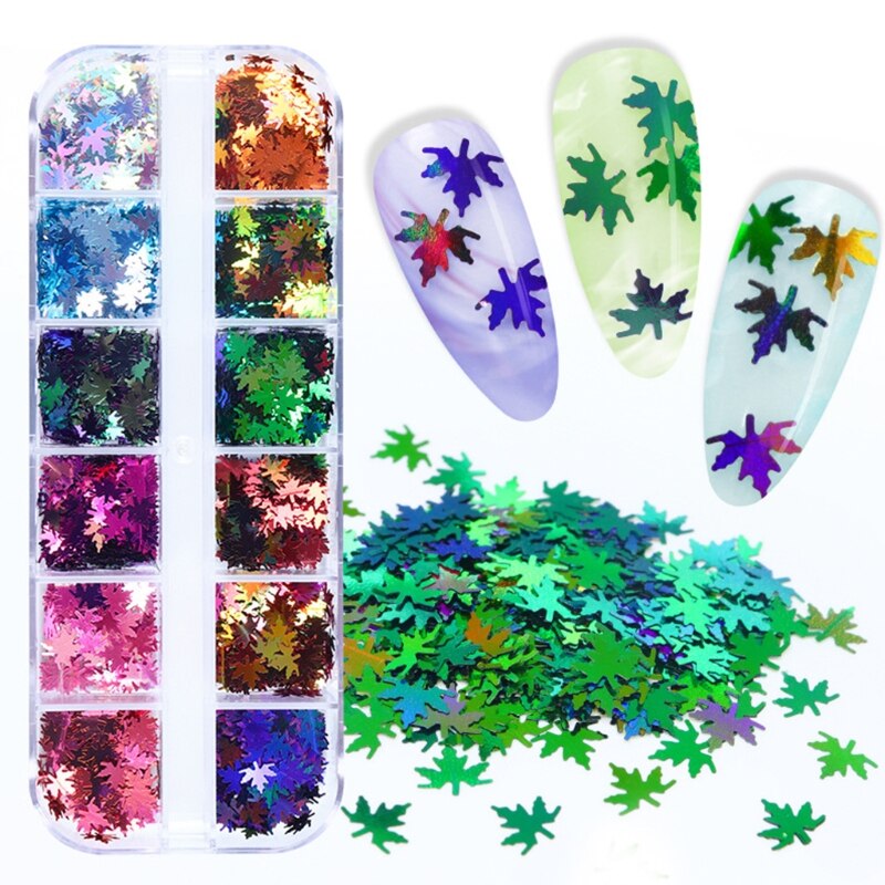 83XC 12 Colors Fall Leaf Nail Art Glitter Sequins - 3D Holographic Flake Metallic Maple Leaf Shaped Gold Red Yellow Sequins