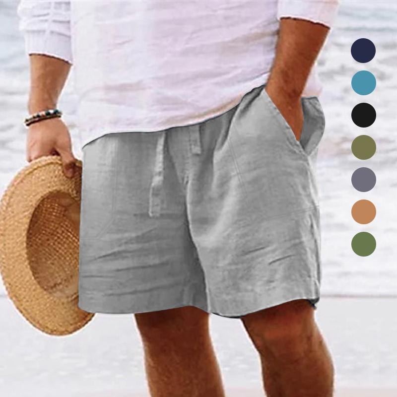 Pantalones cortos de lino y algodón para hombre, Bermudas de cinco puntos, cintura elástica con cordón, pierna recta, Color sólido, transpirables, uso diario en la playa