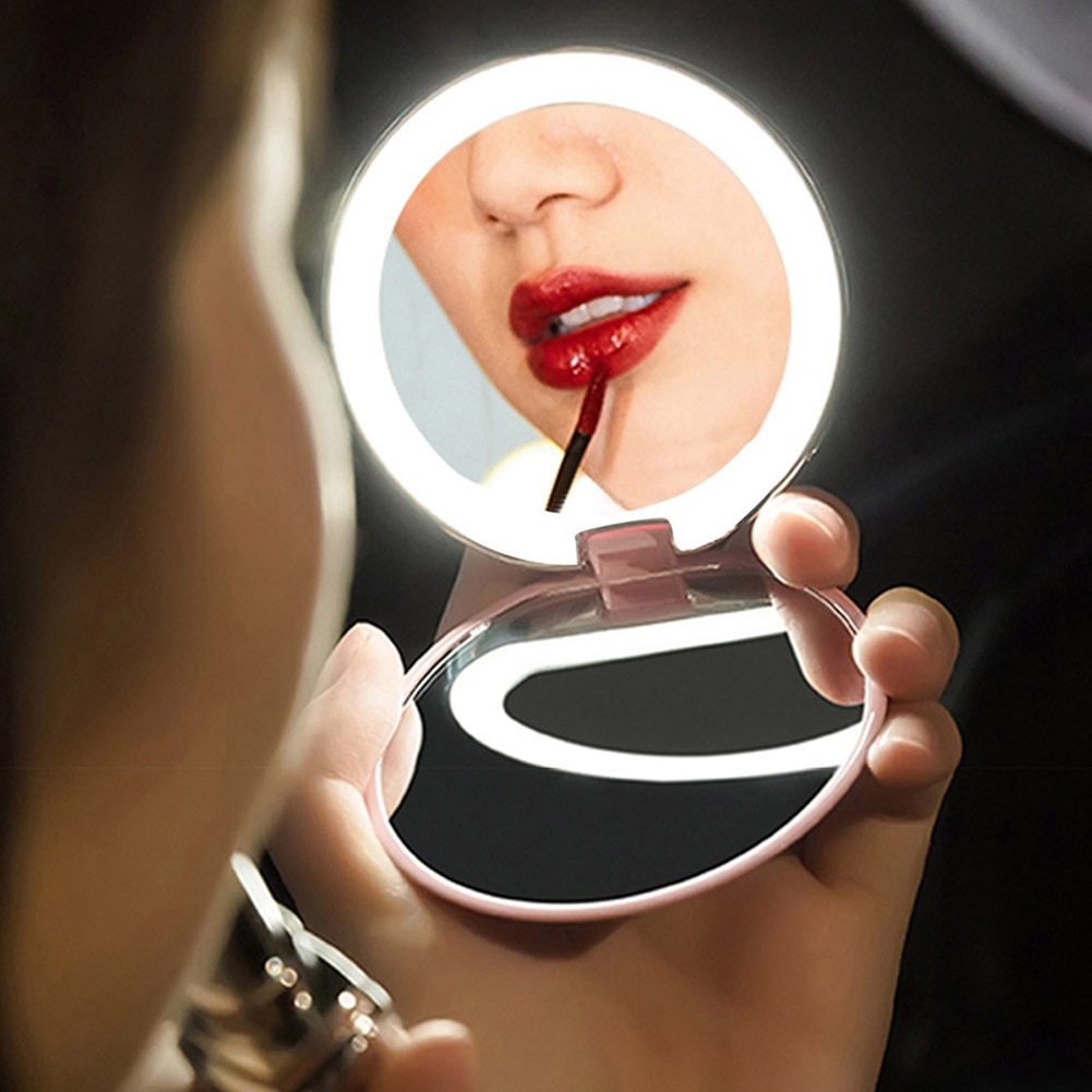 Batteridrevet led makeup spejl lyst rejse lille foldbar 10x hd lup rund klart tilbehør detaljer med lys